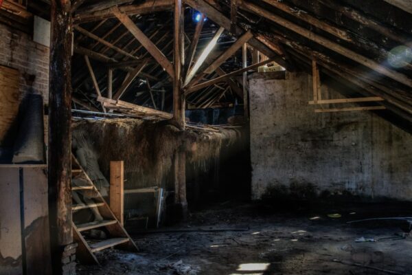 Inside of a dirty barn with water on the floor